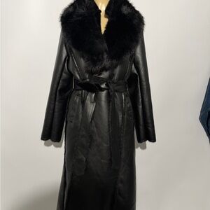 Black Faux Leather Trench Coat with Fur Collar